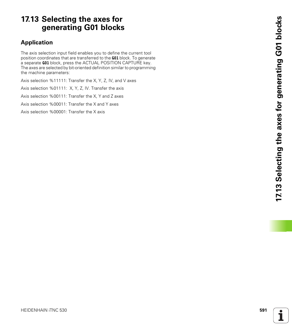 13 selecting the axes for generating g01 blocks, Application | HEIDENHAIN iTNC 530 (60642x-03) ISO programming User Manual | Page 591 / 656