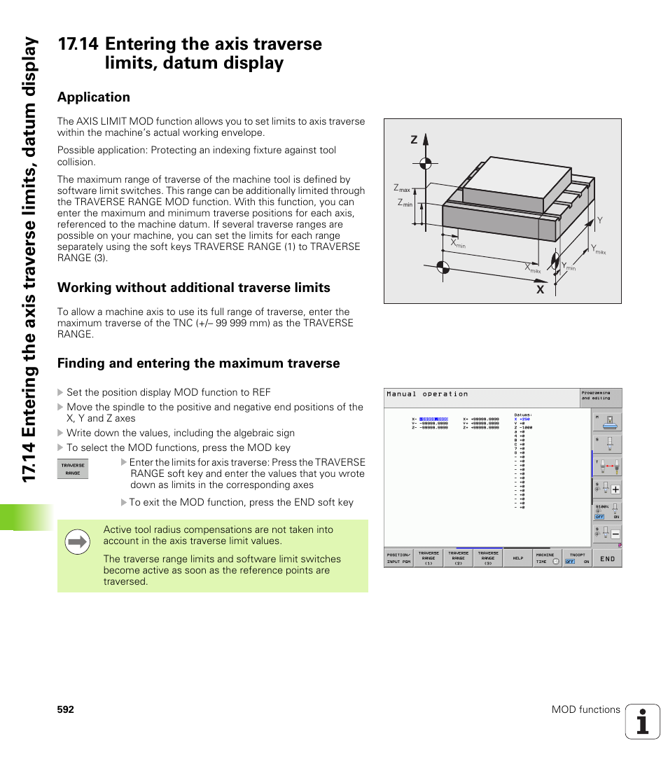 Application, Working without additional traverse limits, Finding and entering the maximum traverse | HEIDENHAIN iTNC 530 (60642x-03) ISO programming User Manual | Page 592 / 656