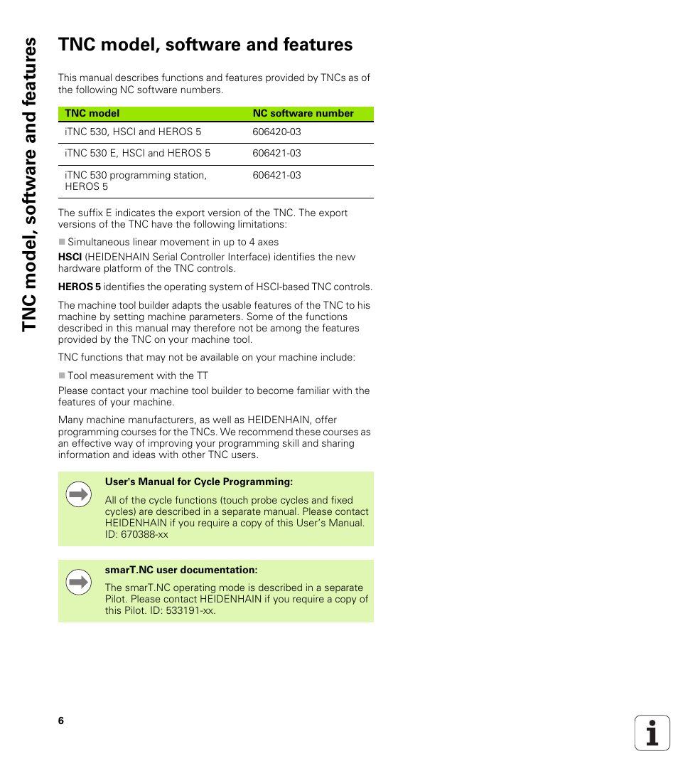 Tnc model, software and features, Tnc model, sof tw a re and f eat ur es | HEIDENHAIN iTNC 530 (60642x-03) ISO programming User Manual | Page 6 / 656
