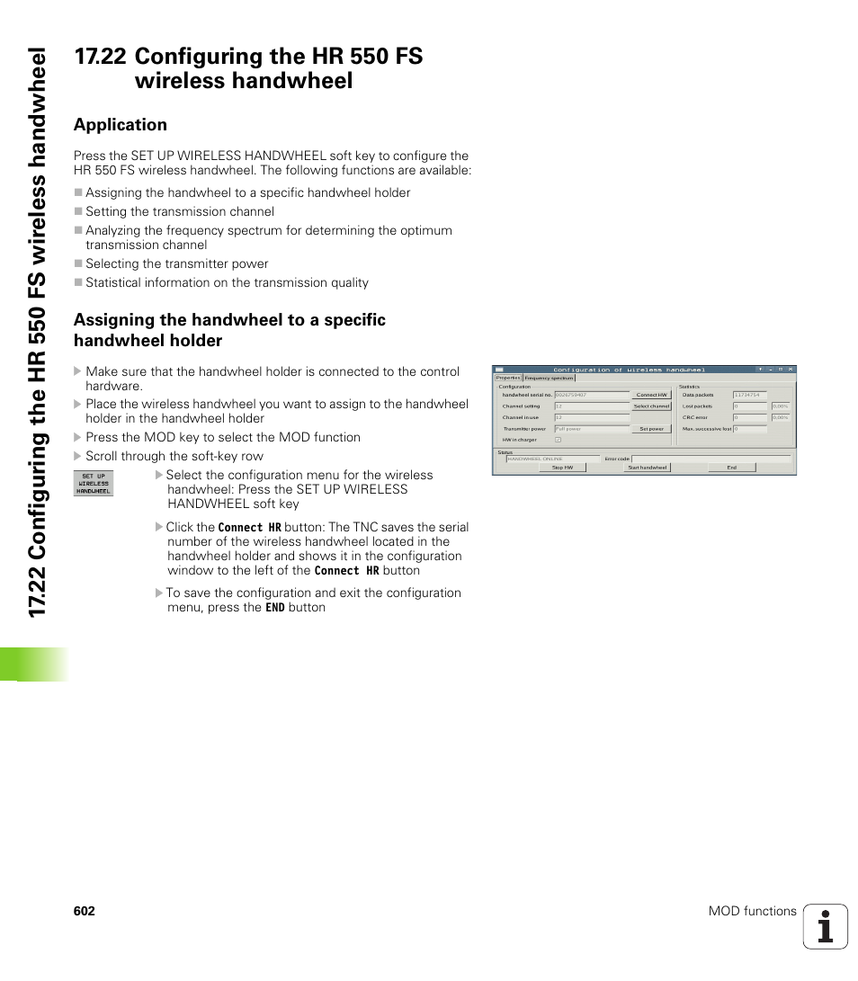 22 configuring the hr 550 fs wireless handwheel, Application | HEIDENHAIN iTNC 530 (60642x-03) ISO programming User Manual | Page 602 / 656