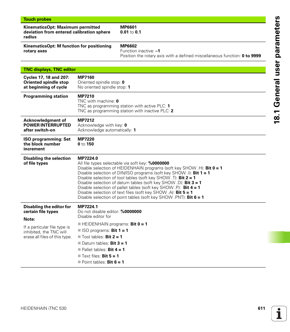 18 .1 gener a l user par a met e rs | HEIDENHAIN iTNC 530 (60642x-03) ISO programming User Manual | Page 611 / 656