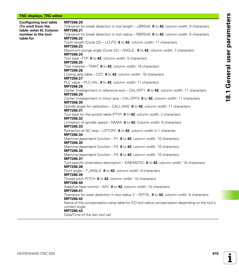 18 .1 gener a l user par a met e rs | HEIDENHAIN iTNC 530 (60642x-03) ISO programming User Manual | Page 615 / 656