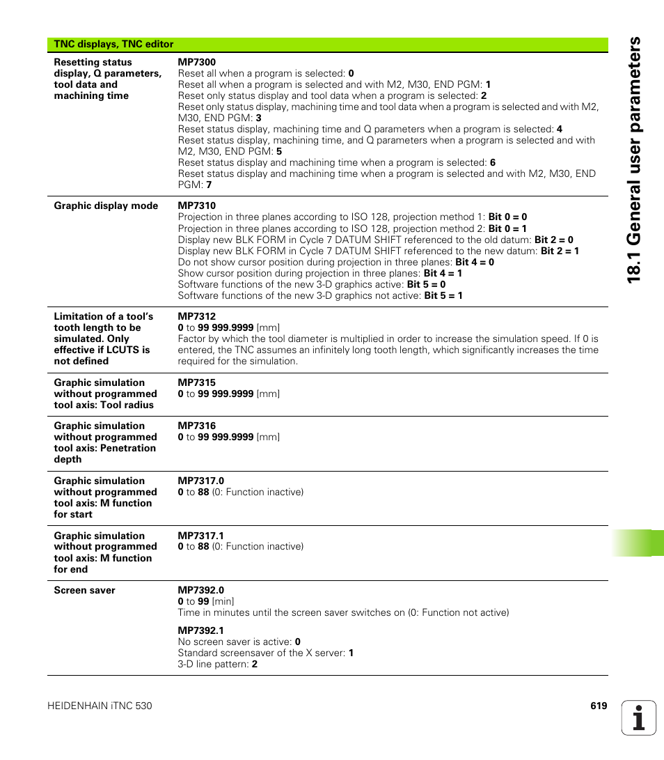 18 .1 gener a l user par a met e rs | HEIDENHAIN iTNC 530 (60642x-03) ISO programming User Manual | Page 619 / 656