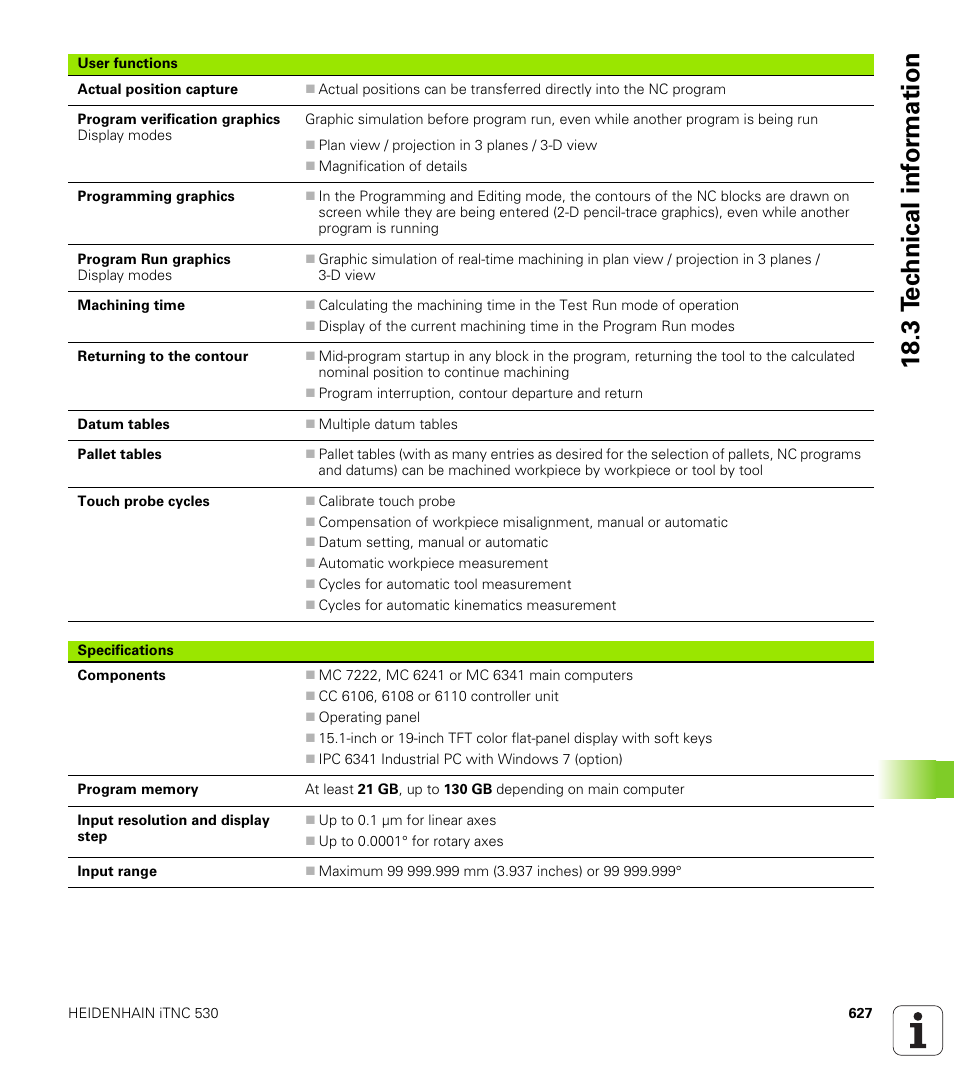 18 .3 t e c hnical inf o rm ation | HEIDENHAIN iTNC 530 (60642x-03) ISO programming User Manual | Page 627 / 656