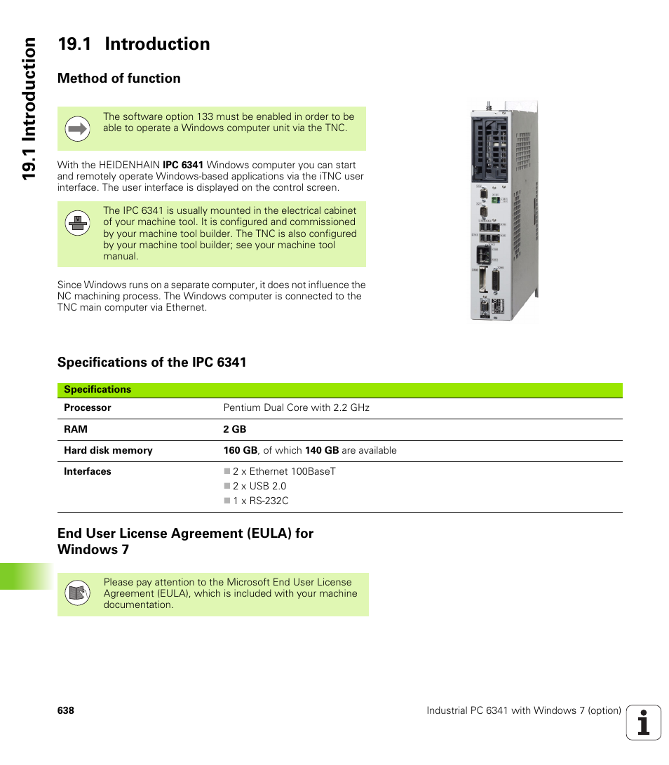 1 introduction, Method of function, Specifications of the ipc 6341 | End user license agreement (eula) for windows 7 | HEIDENHAIN iTNC 530 (60642x-03) ISO programming User Manual | Page 638 / 656