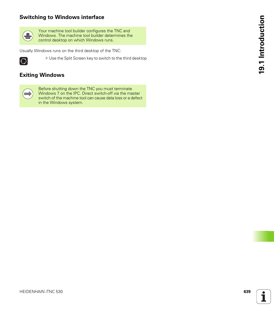 Switching to windows interface, Exiting windows, 19 .1 intr oduction | HEIDENHAIN iTNC 530 (60642x-03) ISO programming User Manual | Page 639 / 656
