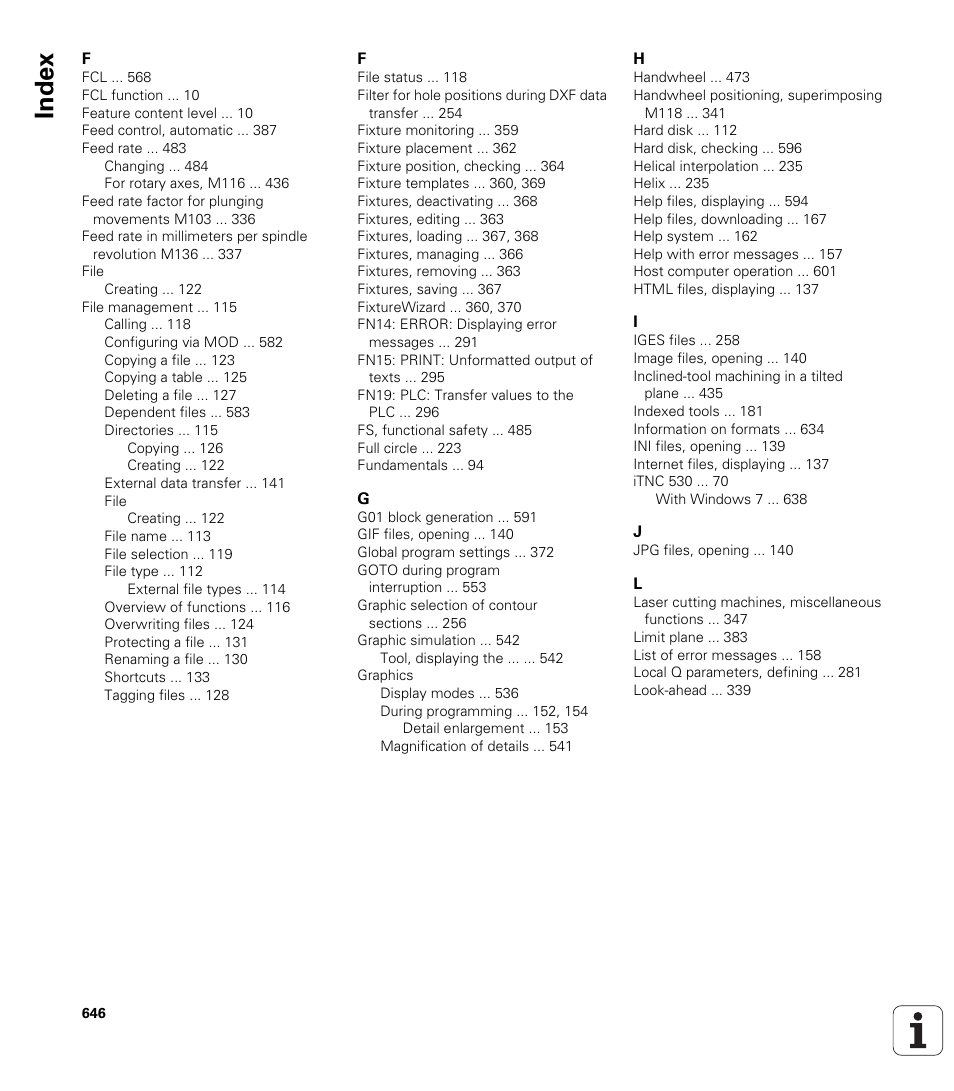 Index | HEIDENHAIN iTNC 530 (60642x-03) ISO programming User Manual | Page 646 / 656