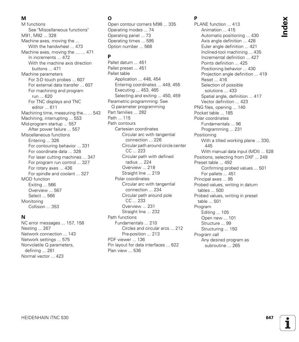 Index | HEIDENHAIN iTNC 530 (60642x-03) ISO programming User Manual | Page 647 / 656