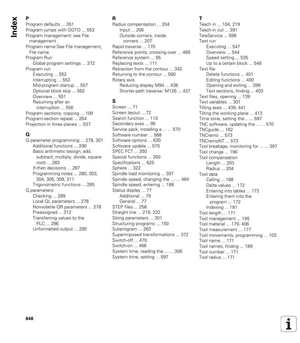Index | HEIDENHAIN iTNC 530 (60642x-03) ISO programming User Manual | Page 648 / 656