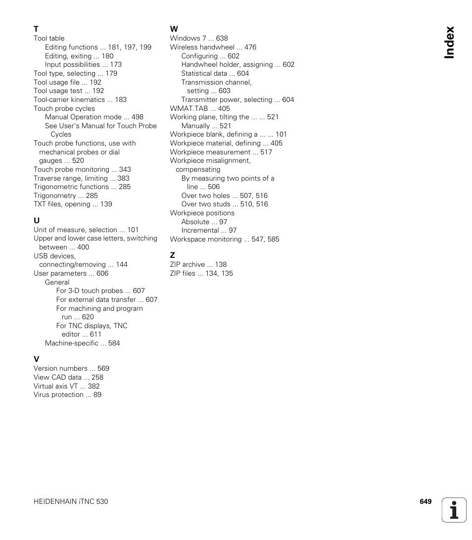 Index | HEIDENHAIN iTNC 530 (60642x-03) ISO programming User Manual | Page 649 / 656