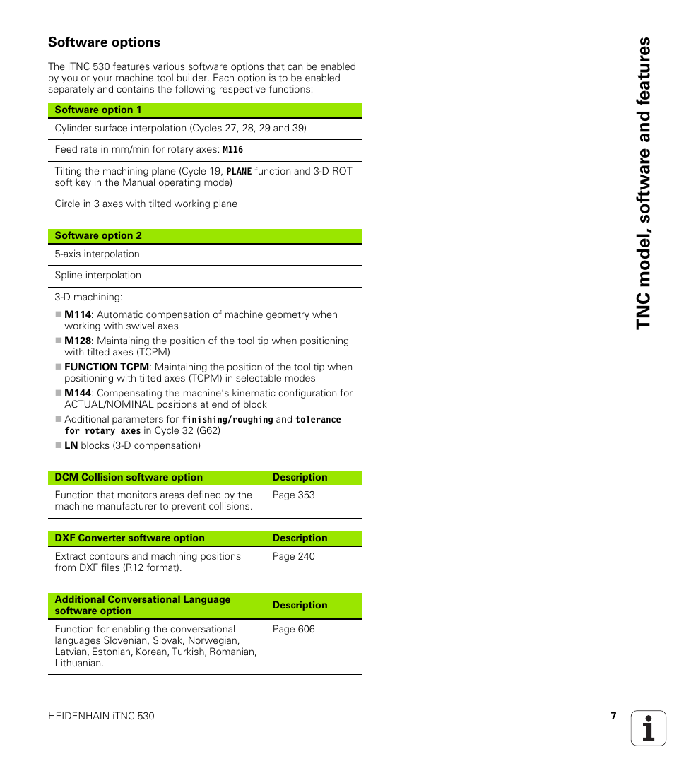 Software options, Tnc model, sof tw a re and f eat ur es | HEIDENHAIN iTNC 530 (60642x-03) ISO programming User Manual | Page 7 / 656
