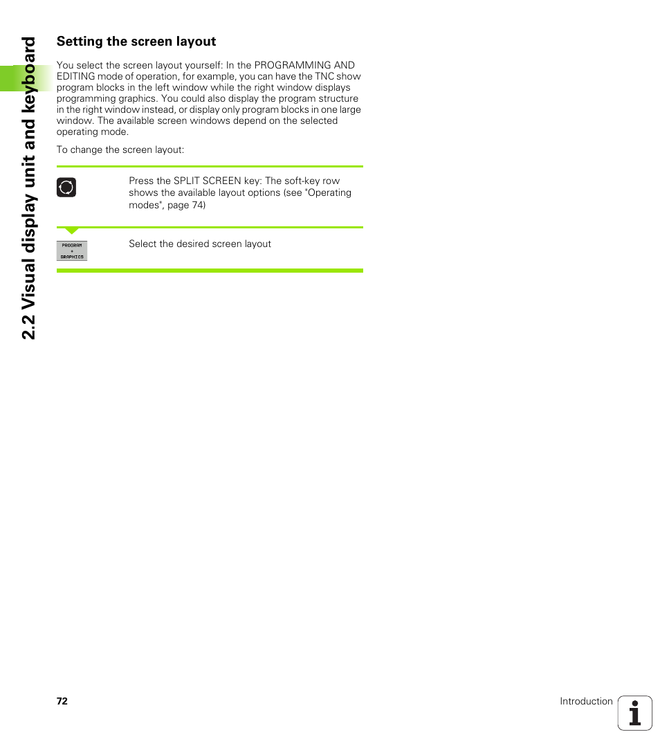 Setting the screen layout, 2 v isual displa y unit and k e yboar d | HEIDENHAIN iTNC 530 (60642x-03) ISO programming User Manual | Page 72 / 656