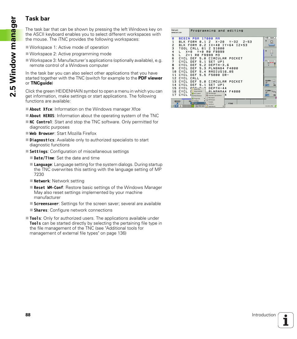 Task bar, 5 windo w manag e r | HEIDENHAIN iTNC 530 (60642x-03) ISO programming User Manual | Page 88 / 656
