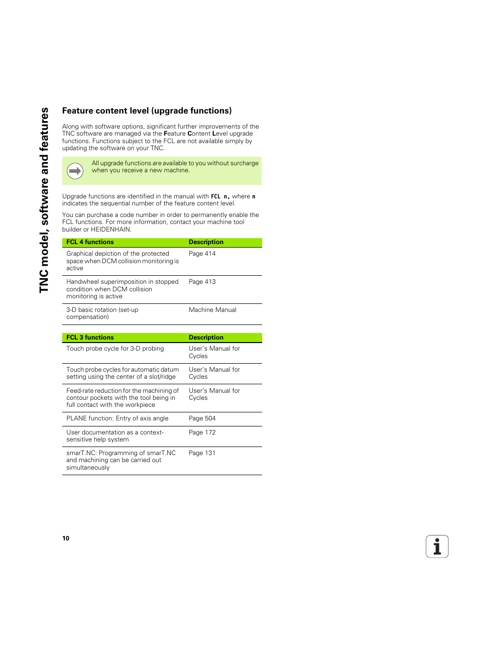 Feature content level (upgrade functions), Tnc model, sof tw a re and f eat ur es | HEIDENHAIN iTNC 530 (60642x-04) User Manual | Page 10 / 747