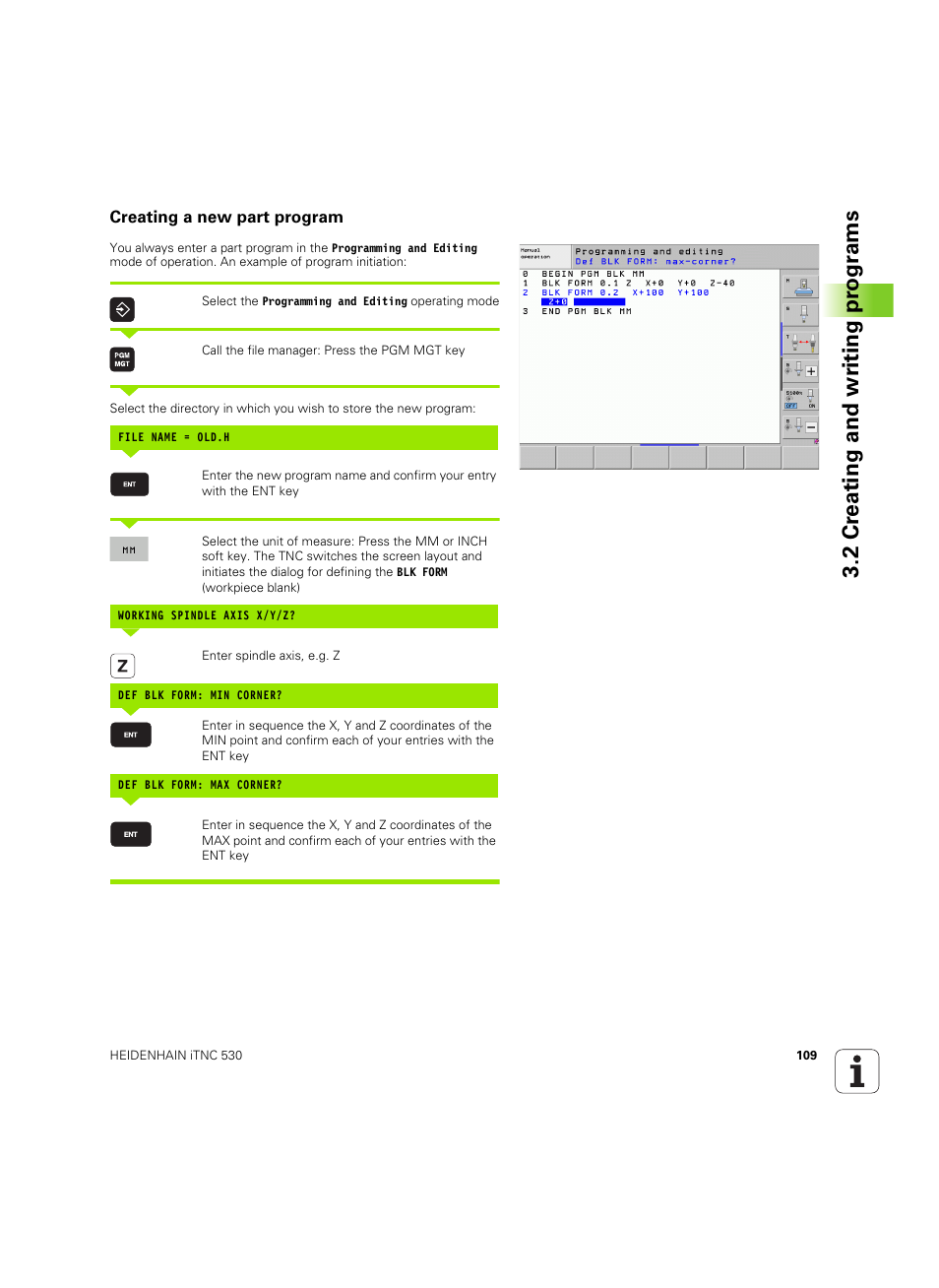 Creating a new part program, 2 cr eating and wr iting pr ogr a ms | HEIDENHAIN iTNC 530 (60642x-04) User Manual | Page 109 / 747