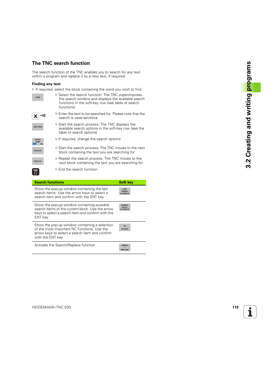 The tnc search function, 2 cr eating and wr iting pr ogr a ms | HEIDENHAIN iTNC 530 (60642x-04) User Manual | Page 119 / 747