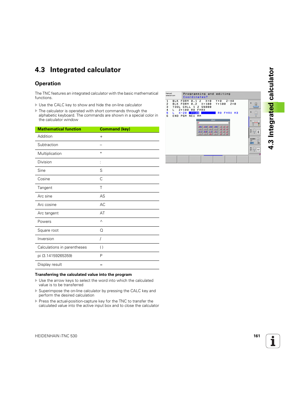 3 integrated calculator, Operation | HEIDENHAIN iTNC 530 (60642x-04) User Manual | Page 161 / 747