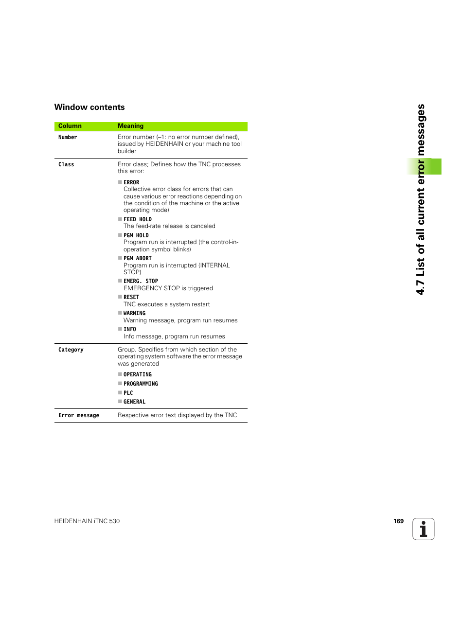 Window contents, 7 list of all cur rent er ro r messag es | HEIDENHAIN iTNC 530 (60642x-04) User Manual | Page 169 / 747