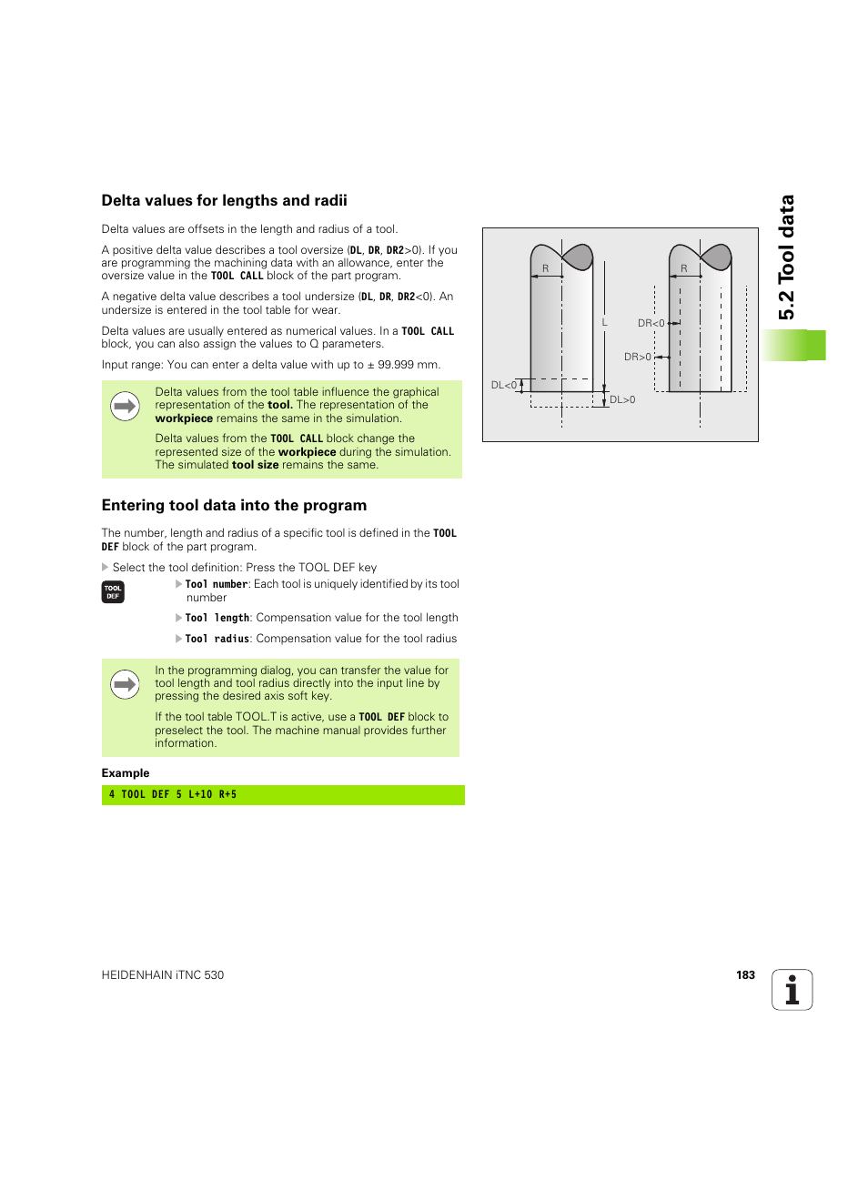 Delta values for lengths and radii, Entering tool data into the program, 2 t ool data | HEIDENHAIN iTNC 530 (60642x-04) User Manual | Page 183 / 747