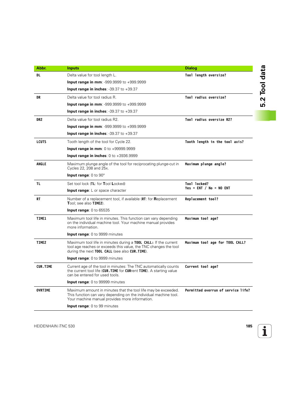 2 t ool data | HEIDENHAIN iTNC 530 (60642x-04) User Manual | Page 185 / 747