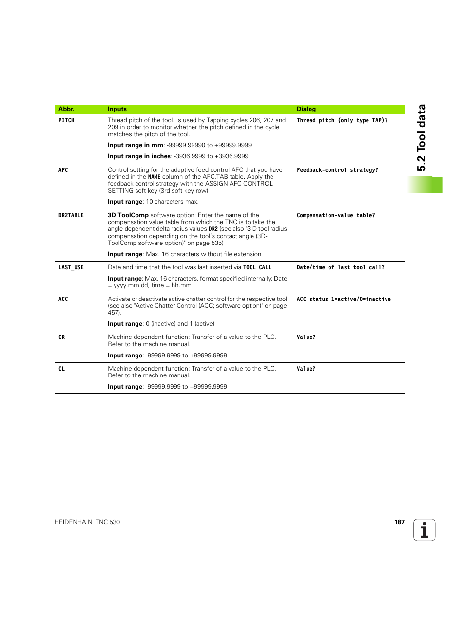 2 t ool data | HEIDENHAIN iTNC 530 (60642x-04) User Manual | Page 187 / 747