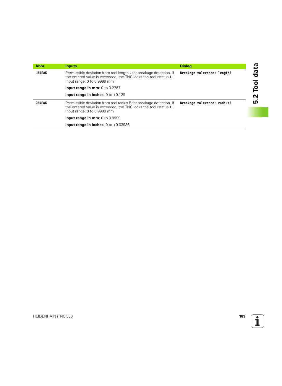 2 t ool data | HEIDENHAIN iTNC 530 (60642x-04) User Manual | Page 189 / 747