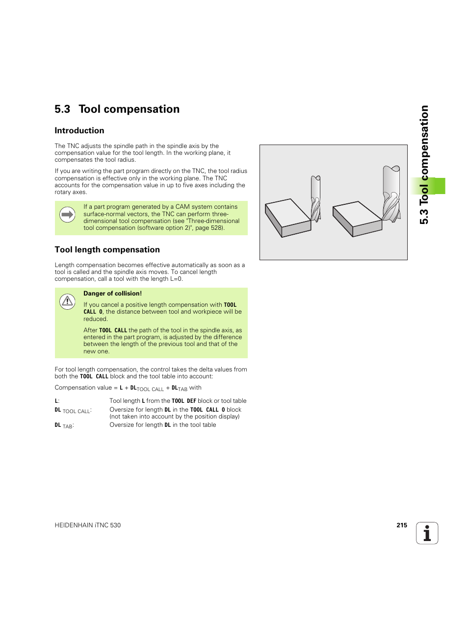 3 tool compensation, Introduction, Tool length compensation | Introduction tool length compensation, 3 t ool compensation 5.3 tool compensation | HEIDENHAIN iTNC 530 (60642x-04) User Manual | Page 215 / 747