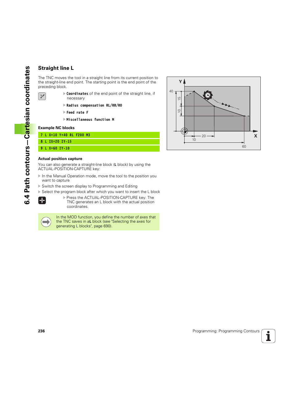 Straight line l, 4 p a th cont ours—car te sian coor dinat e s | HEIDENHAIN iTNC 530 (60642x-04) User Manual | Page 236 / 747