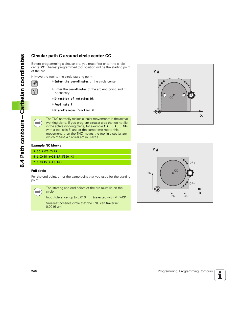 Circular path c around circle center cc, 4 p a th cont ours—car te sian coor dinat e s | HEIDENHAIN iTNC 530 (60642x-04) User Manual | Page 240 / 747