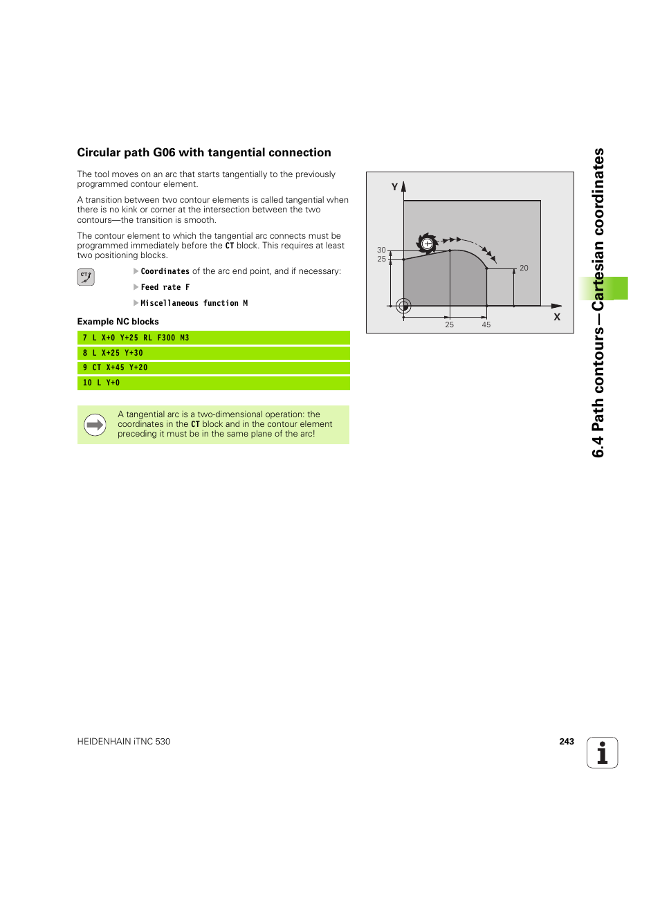 Circular path g06 with tangential connection, 4 p a th cont ours—car te sian coor dinat e s | HEIDENHAIN iTNC 530 (60642x-04) User Manual | Page 243 / 747