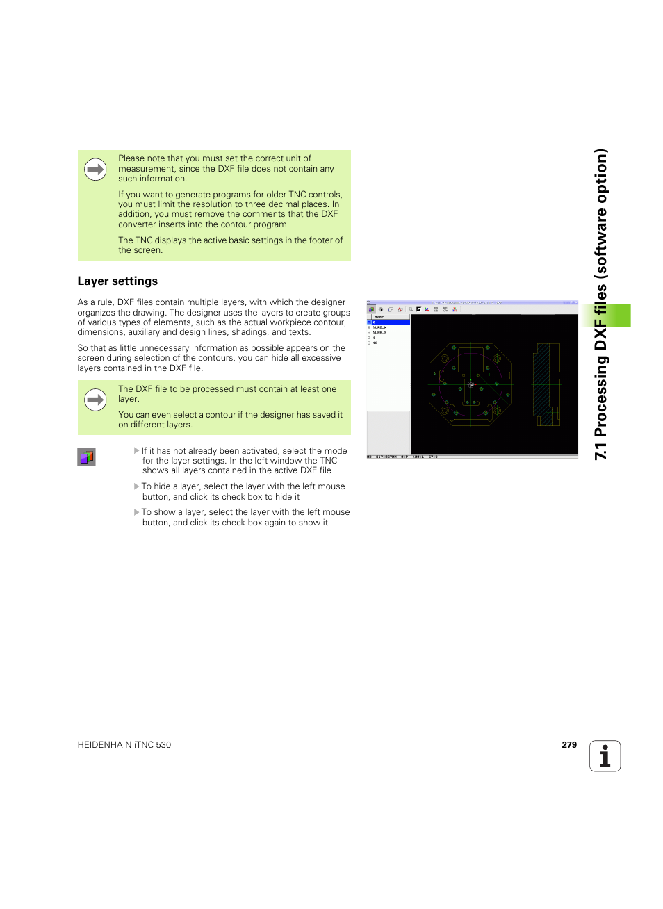 Layer settings, 1 pr ocessing dxf files (sof tw ar e option) | HEIDENHAIN iTNC 530 (60642x-04) User Manual | Page 279 / 747