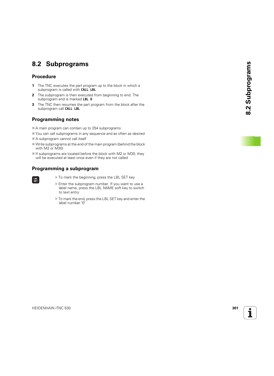 2 subprograms, Procedure, Programming notes | Programming a subprogram, 2 subpr ogr a ms 8.2 subprograms | HEIDENHAIN iTNC 530 (60642x-04) User Manual | Page 301 / 747