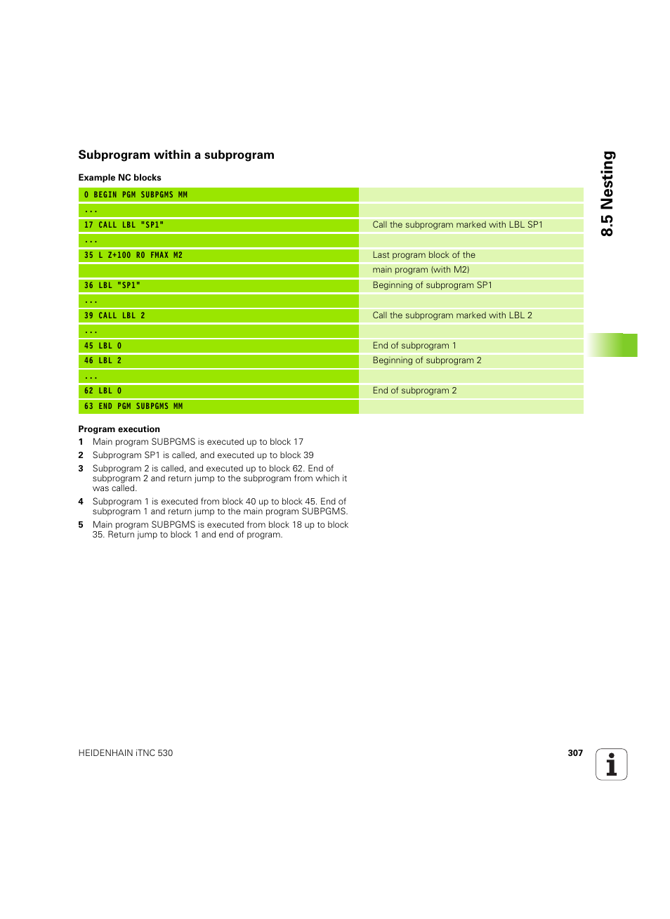 Subprogram within a subprogram, 5 nesting | HEIDENHAIN iTNC 530 (60642x-04) User Manual | Page 307 / 747