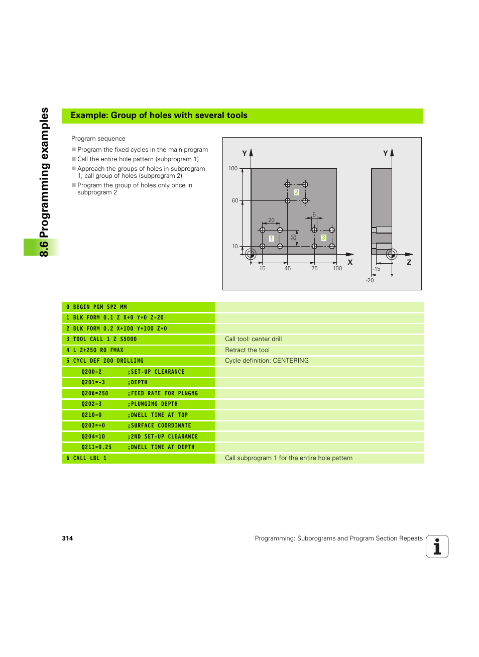 6 pr ogr amming examples, Example: group of holes with several tools | HEIDENHAIN iTNC 530 (60642x-04) User Manual | Page 314 / 747