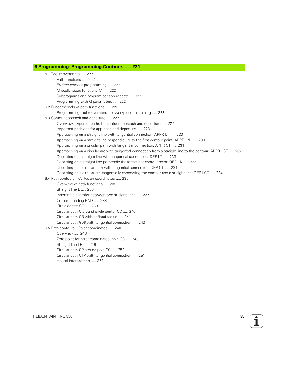 6 programming: programming contours | HEIDENHAIN iTNC 530 (60642x-04) User Manual | Page 35 / 747