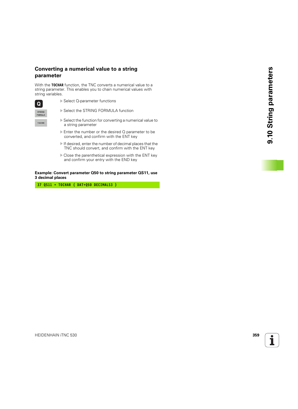 Converting a numerical value to a string parameter, 1 0 str ing par a met e rs | HEIDENHAIN iTNC 530 (60642x-04) User Manual | Page 359 / 747