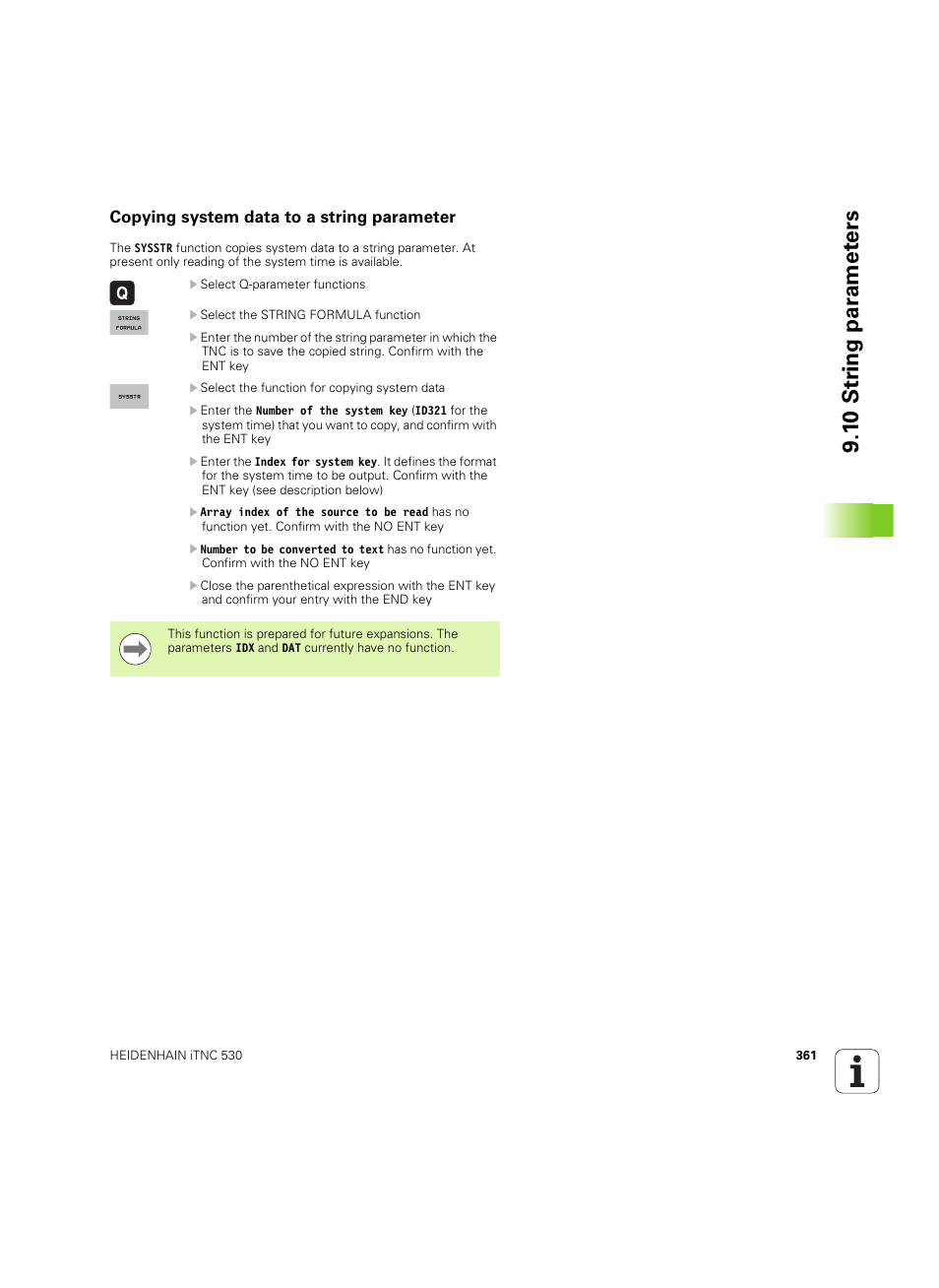 Copying system data to a string parameter, 1 0 str ing par a met e rs | HEIDENHAIN iTNC 530 (60642x-04) User Manual | Page 361 / 747