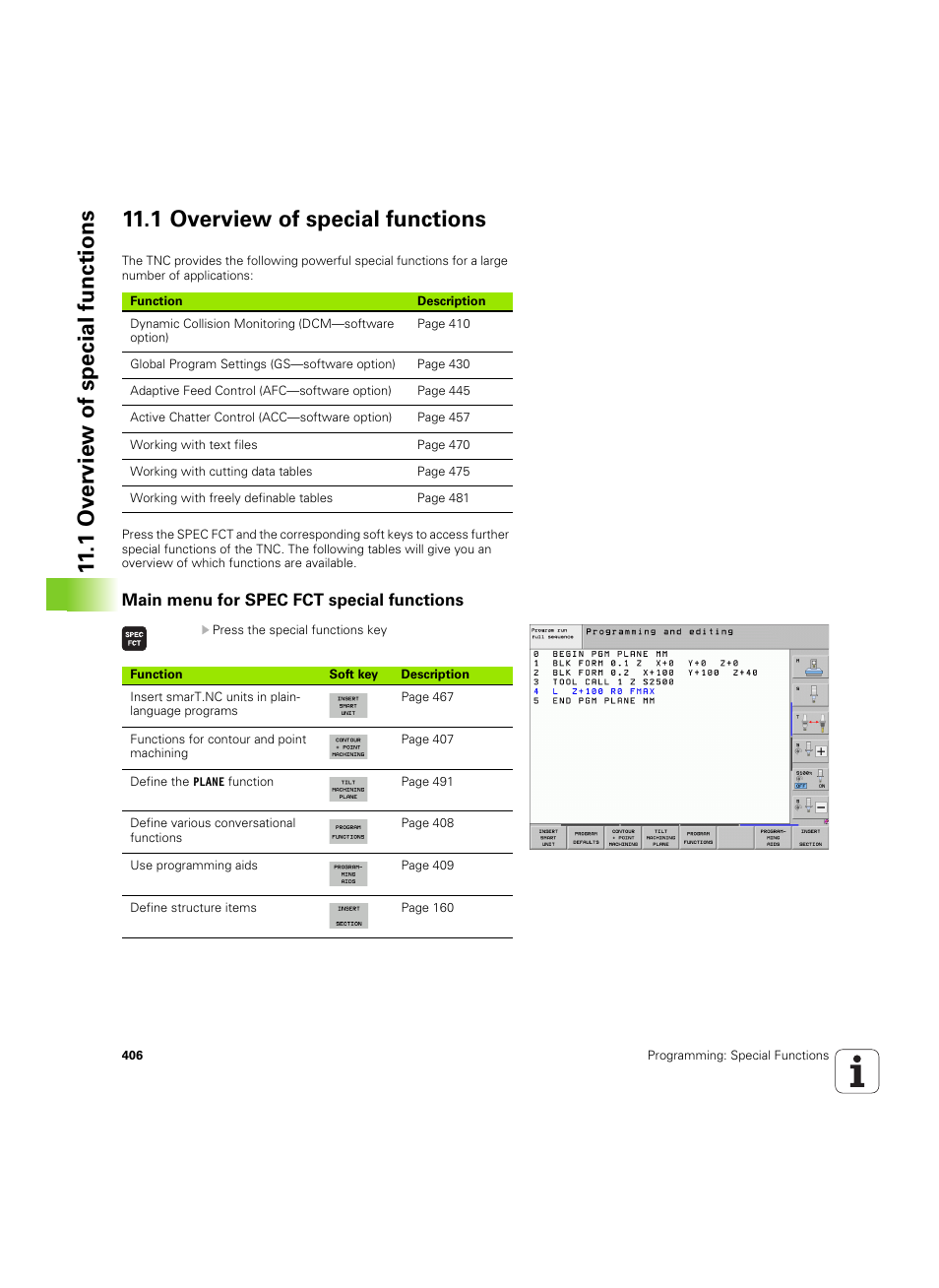 1 overview of special functions, Main menu for spec fct special functions | HEIDENHAIN iTNC 530 (60642x-04) User Manual | Page 406 / 747