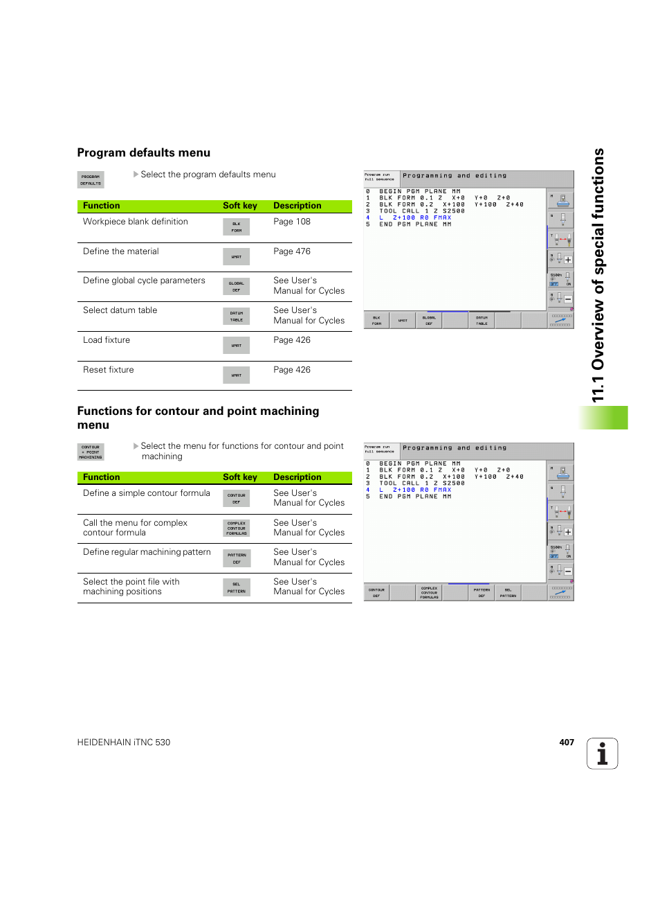 Program defaults menu, Functions for contour and point machining menu, 1 ov erview of special functions | HEIDENHAIN iTNC 530 (60642x-04) User Manual | Page 407 / 747