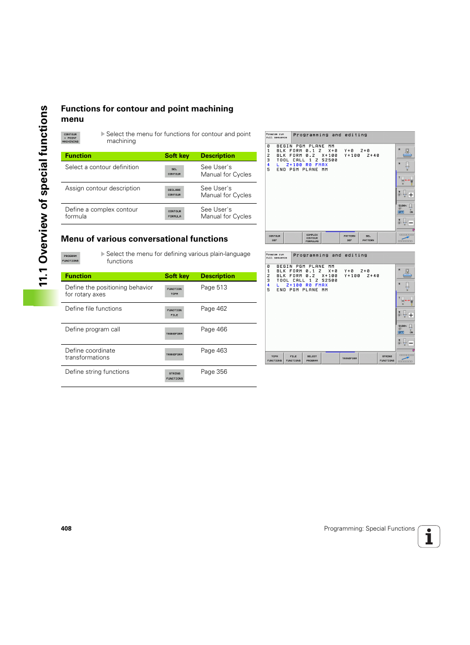 Functions for contour and point machining menu, Menu of various conversational functions, 1 ov erview of special functions | HEIDENHAIN iTNC 530 (60642x-04) User Manual | Page 408 / 747