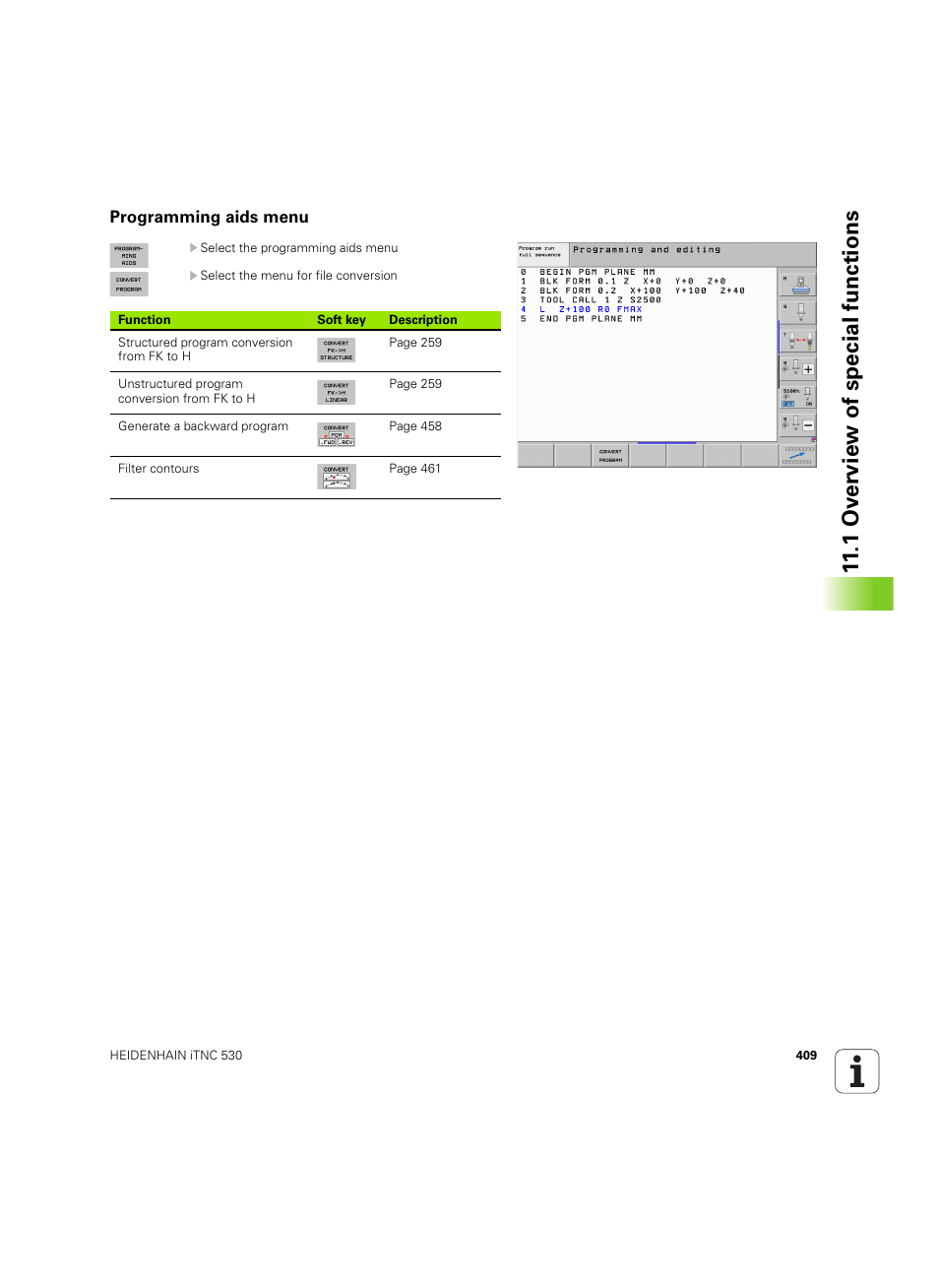 Programming aids menu, 1 ov erview of special functions | HEIDENHAIN iTNC 530 (60642x-04) User Manual | Page 409 / 747