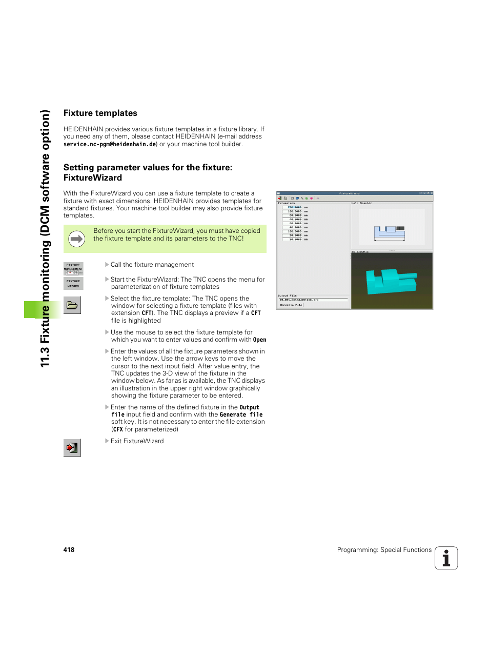 Fixture templates, Library (see "fixture, See "setting parameter values for the | 3 fixt ur e monit o ri ng (dcm sof tw a re option) | HEIDENHAIN iTNC 530 (60642x-04) User Manual | Page 418 / 747