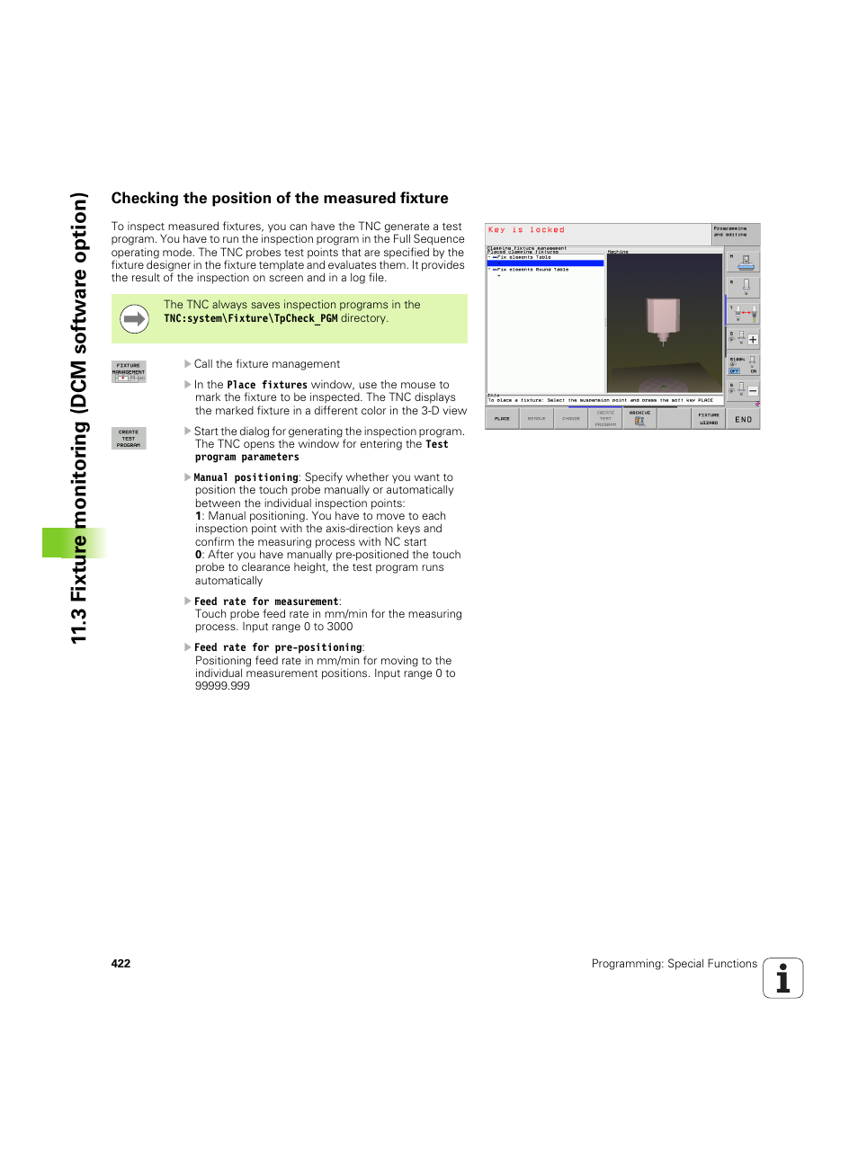 Checking the position of the measured fixture, Message (see "checking the position, 3 fixt ur e monit o ri ng (dcm sof tw a re option) | HEIDENHAIN iTNC 530 (60642x-04) User Manual | Page 422 / 747