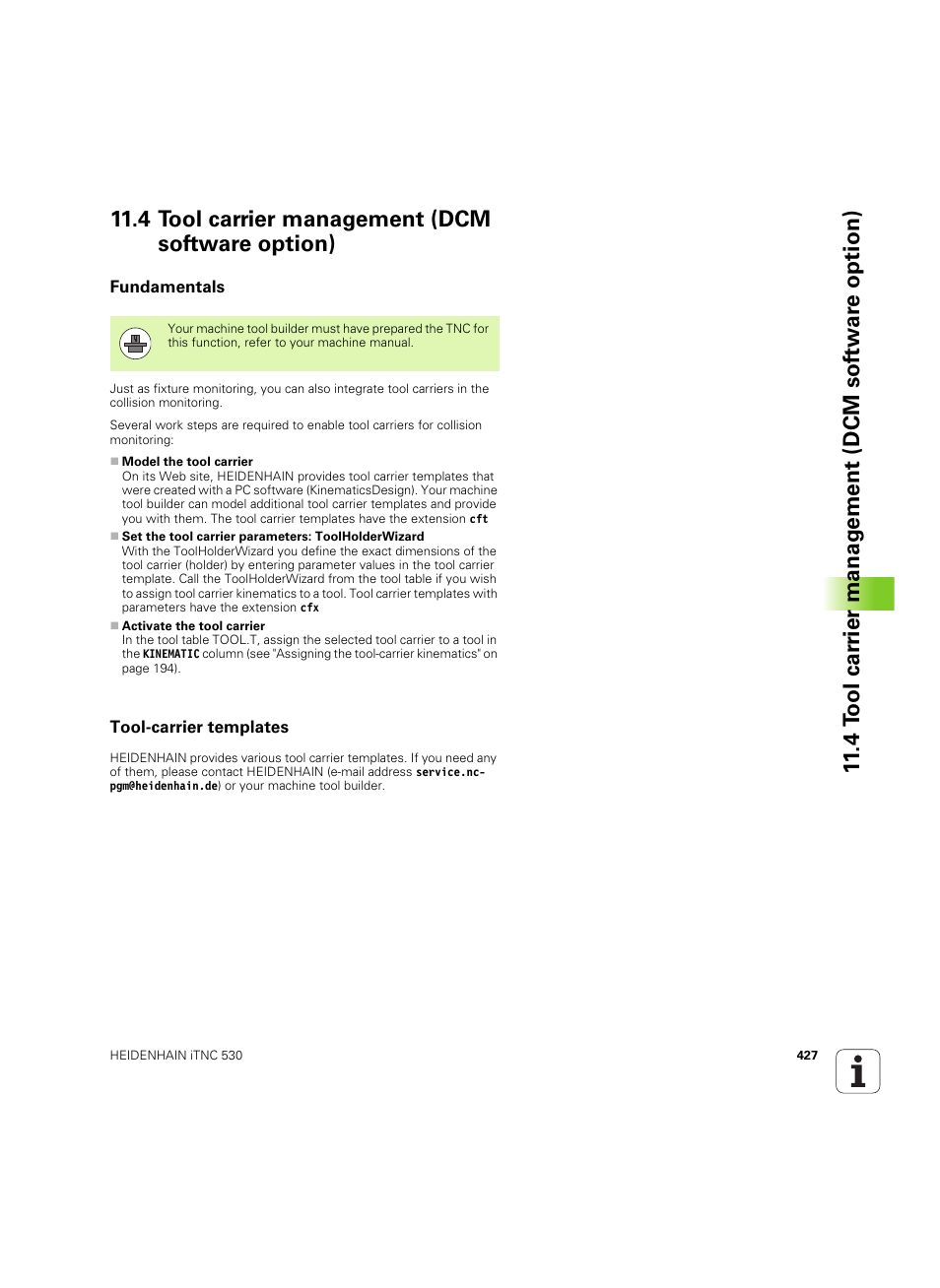 4 tool carrier management (dcm software option), Fundamentals, Tool-carrier templates | See "tool carrier management, Fundamentals tool-carrier templates | HEIDENHAIN iTNC 530 (60642x-04) User Manual | Page 427 / 747