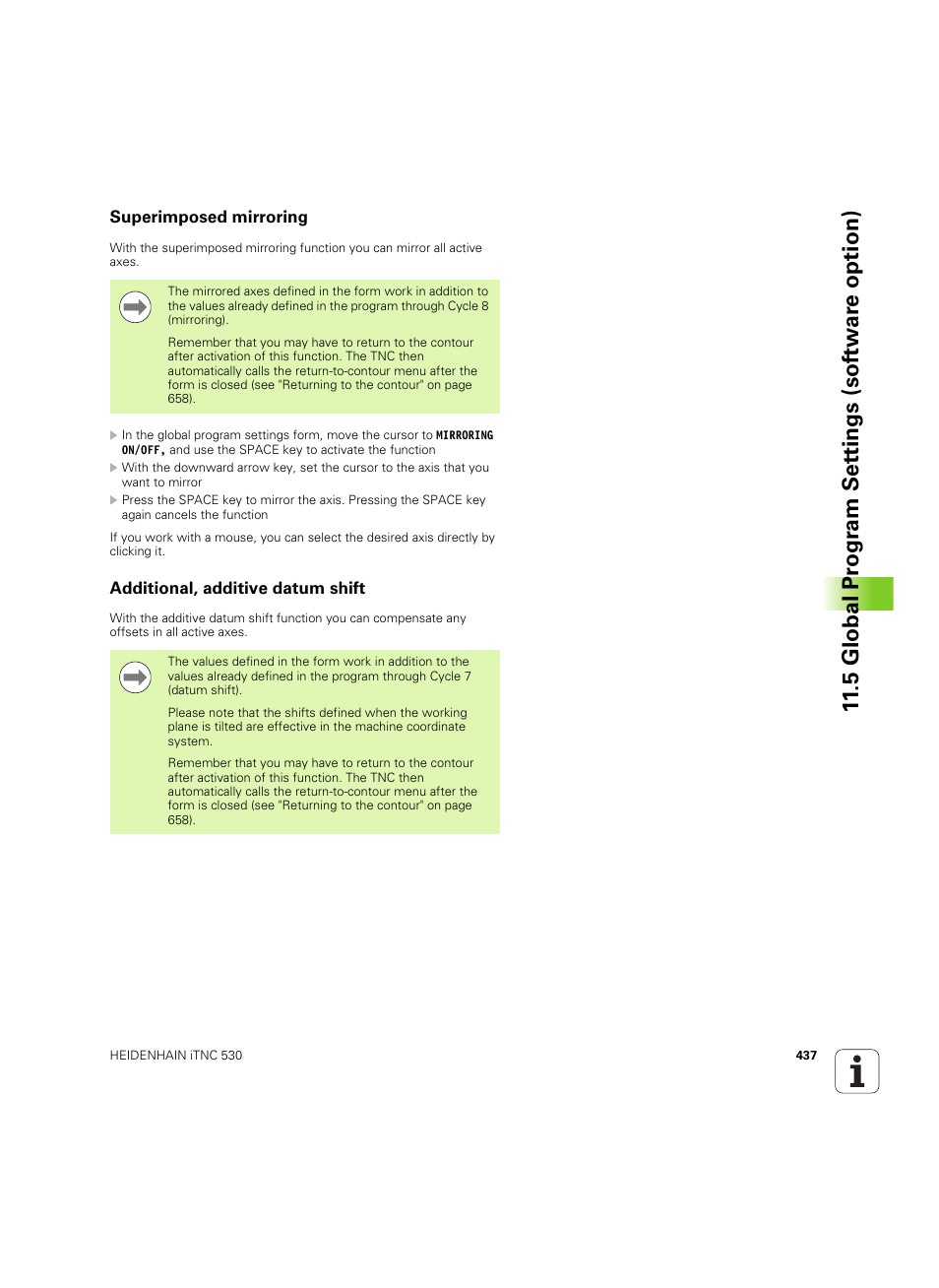 Superimposed mirroring, Additional, additive datum shift, 5 global pr ogr am set tings (sof tw ar e option) | HEIDENHAIN iTNC 530 (60642x-04) User Manual | Page 437 / 747