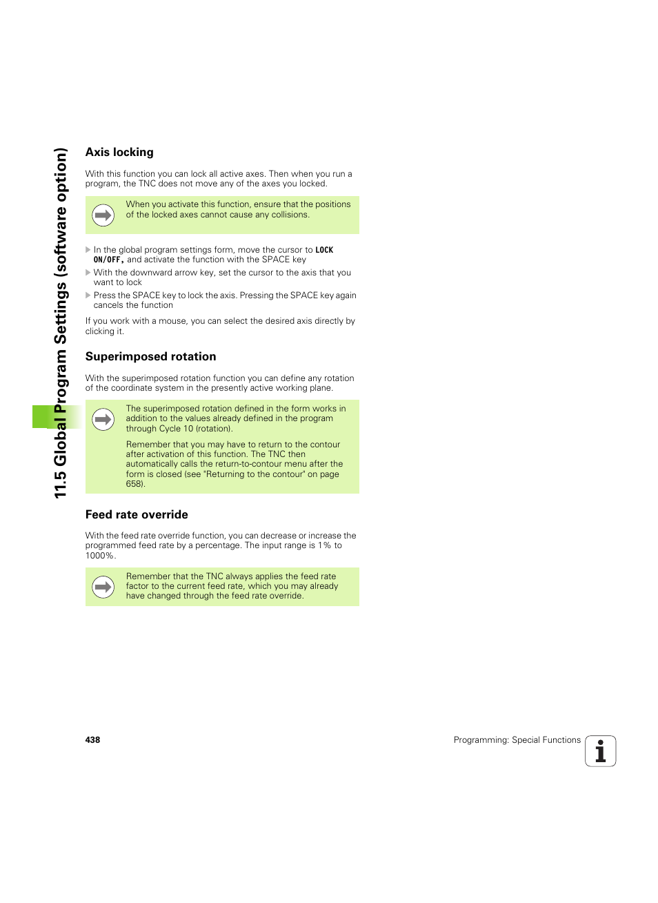 Axis locking, Superimposed rotation, Feed rate override | 5 global pr ogr am set tings (sof tw ar e option) | HEIDENHAIN iTNC 530 (60642x-04) User Manual | Page 438 / 747