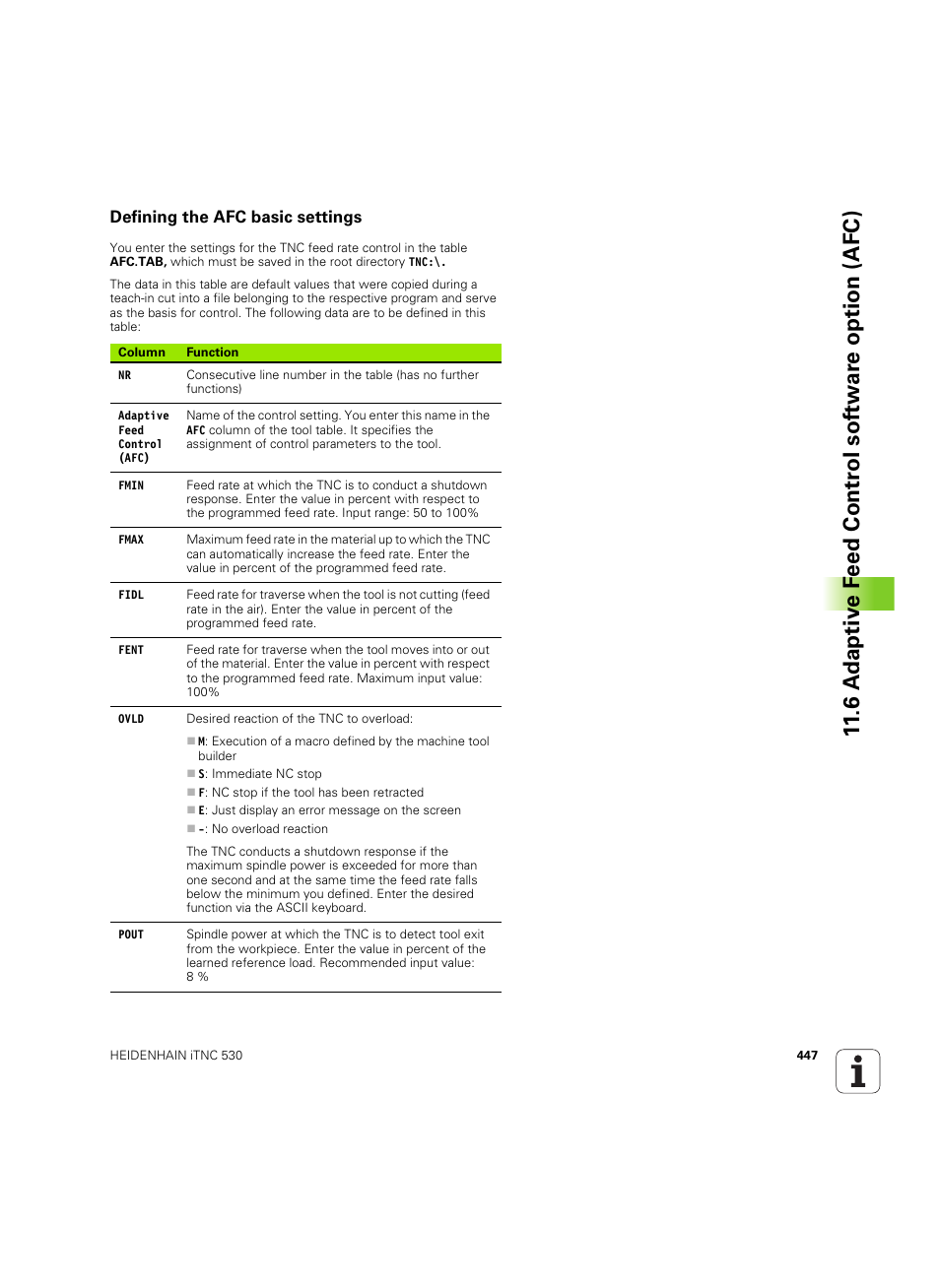 Defining the afc basic settings | HEIDENHAIN iTNC 530 (60642x-04) User Manual | Page 447 / 747