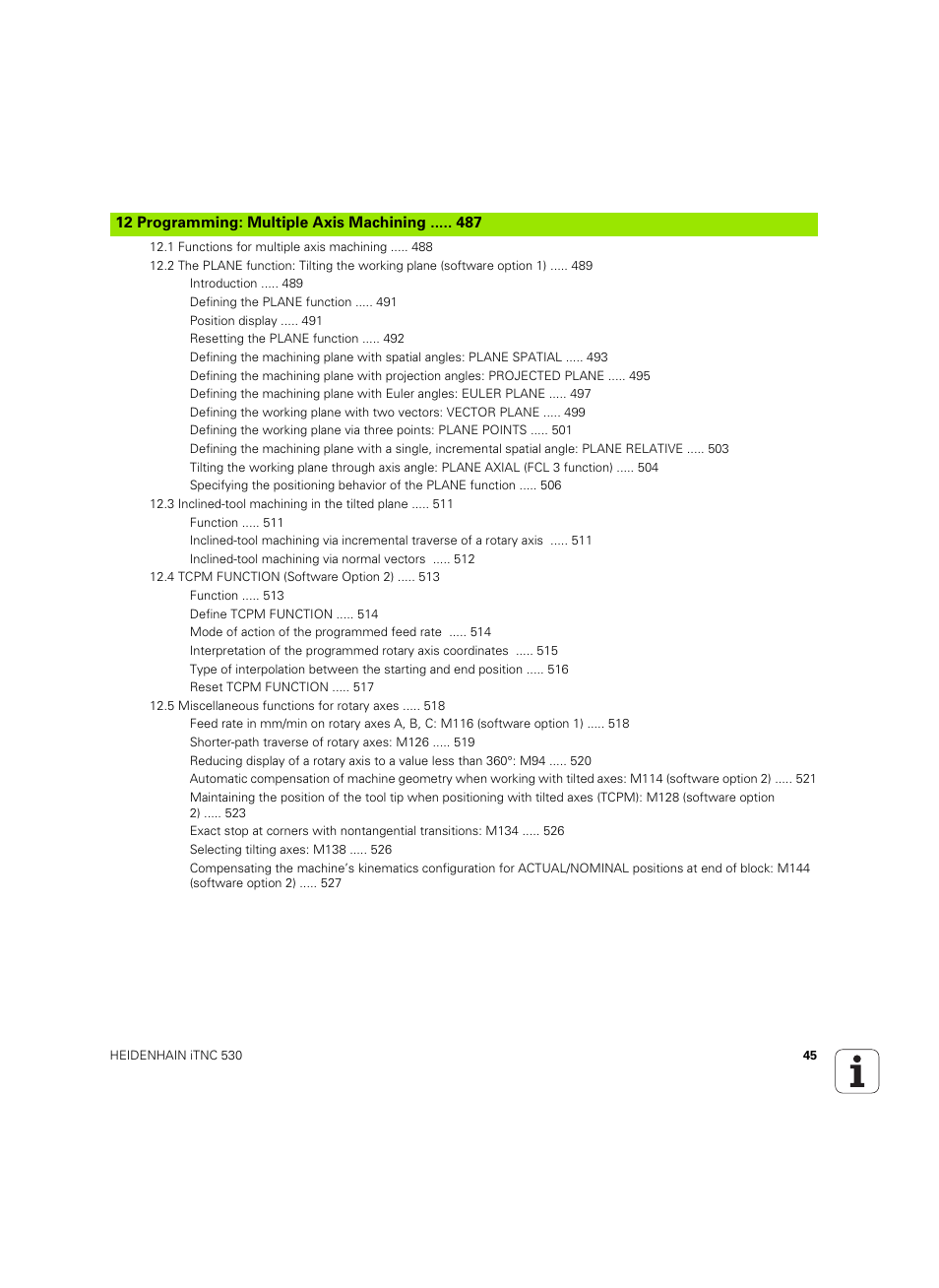 12 programming: multiple axis machining | HEIDENHAIN iTNC 530 (60642x-04) User Manual | Page 45 / 747