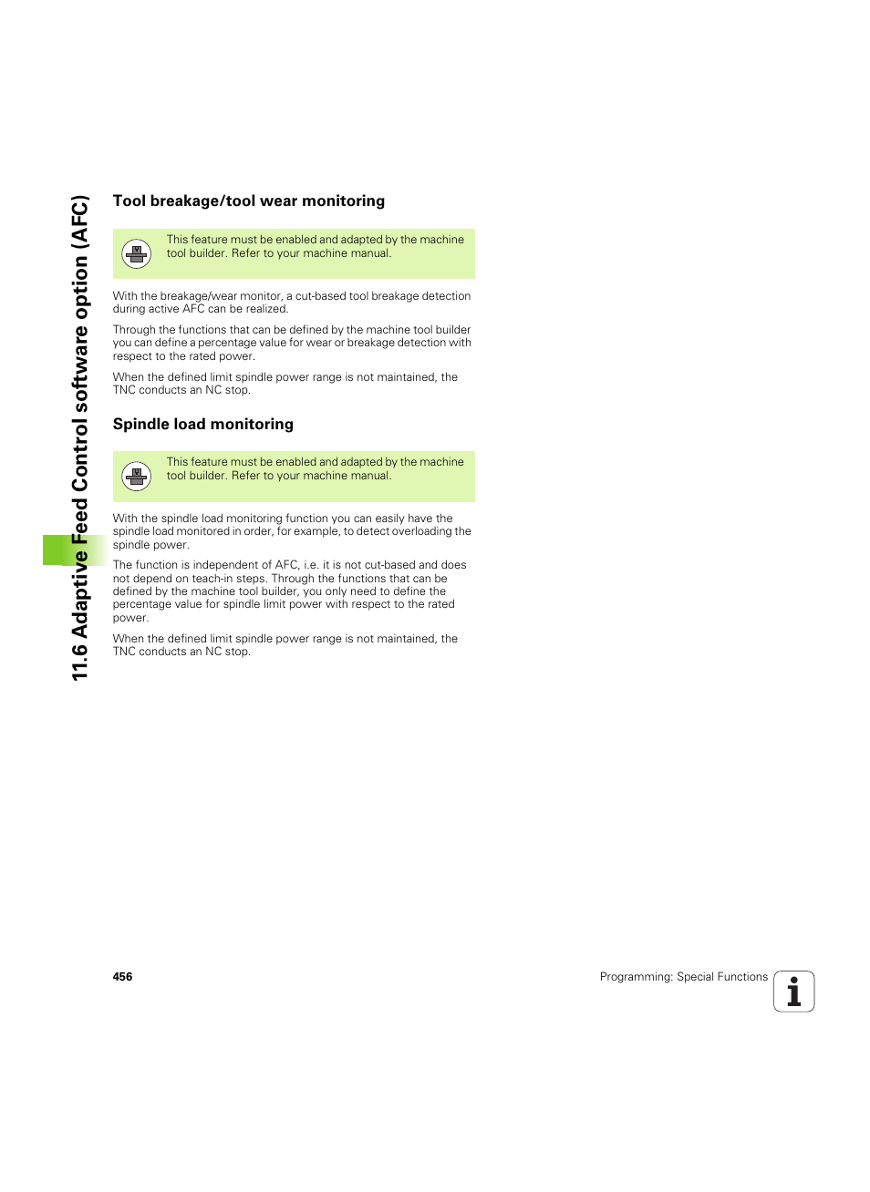 Tool breakage/tool wear monitoring, Spindle load monitoring | HEIDENHAIN iTNC 530 (60642x-04) User Manual | Page 456 / 747