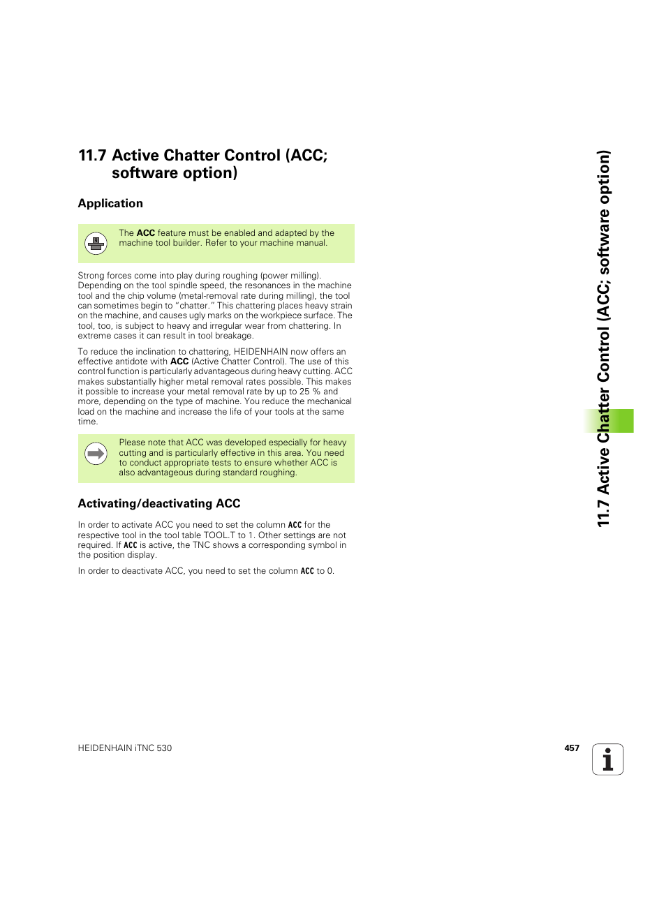 7 active chatter control (acc; software option), Application, Activating/deactivating acc | See "active, Application activating/deactivating acc | HEIDENHAIN iTNC 530 (60642x-04) User Manual | Page 457 / 747